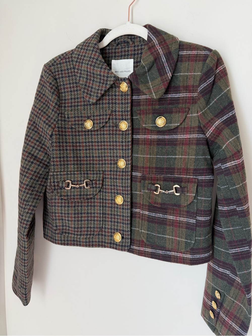 Avec les filles green mixed Plaid gold horsebit buckle button up Jacket - Picture 2 of 7